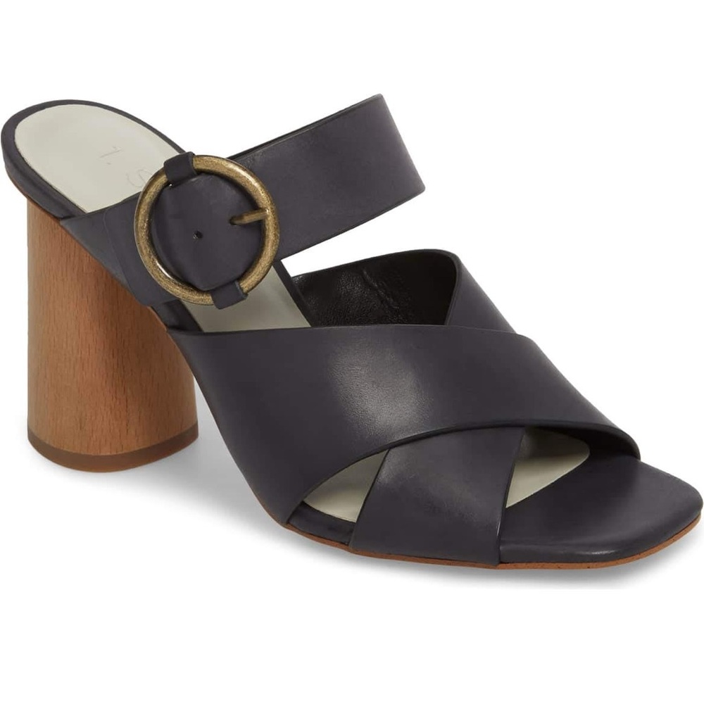 NWT 1 State Iceandra navy leather, wooden 3.5” block heel mules brass buckle